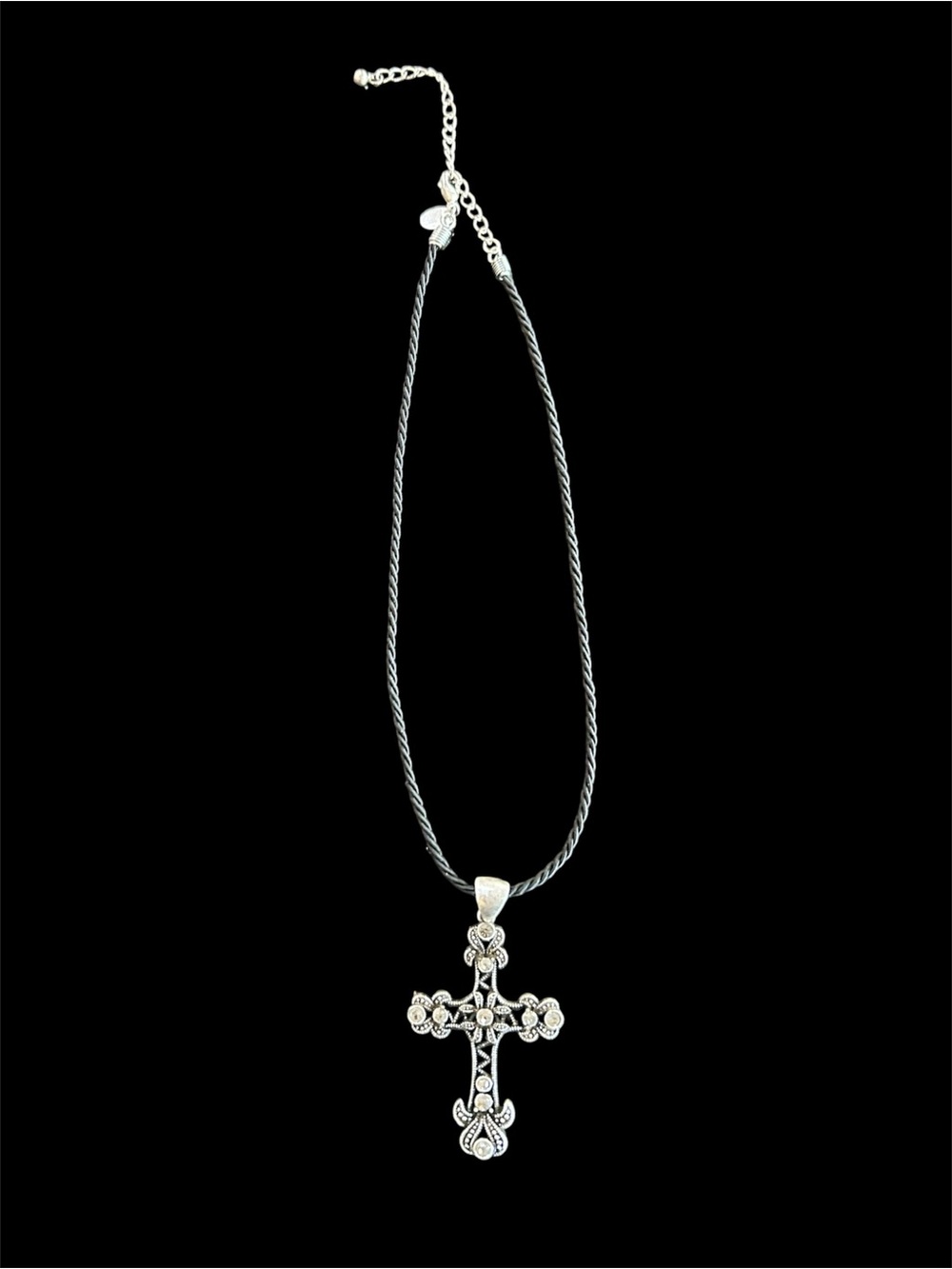 Lia Sophia Silver-Tone Floral Cross on Black Cord Necklace